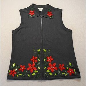 Mercer Street Sweater Vest Med Black Red Holiday Christmas Poinsettia Full‎ Zip